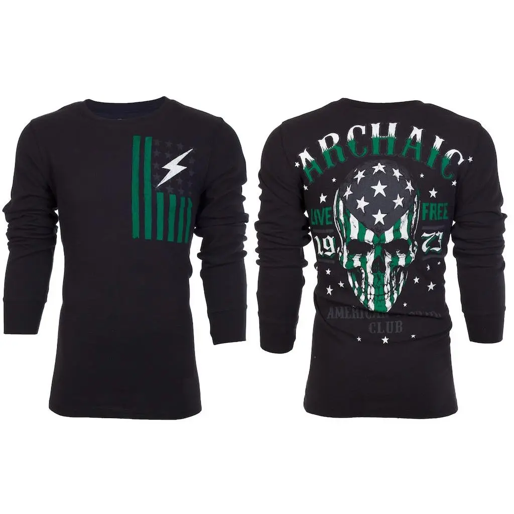 ARCHAIC Men's Flag Smasher Graphic Long Sleeve Thermal Shirt - 100% Cotton Casual Crew Neck Top with Front & Back Print, Black, Regular Fit, Cold Wash, Pull On Design, Longsleeves, All Seasons, Round Neck