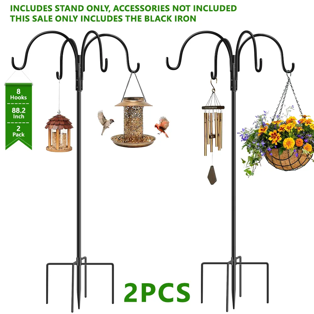 2-piece, 80-in Heavy Metal Garden Pole, 5-claw outdoor double shepherd's horn shaped adjustable hook for hanging bird feeder, plant basket, solar lamp, flower basket plant hook bracket, lantern hook, wedding decorations