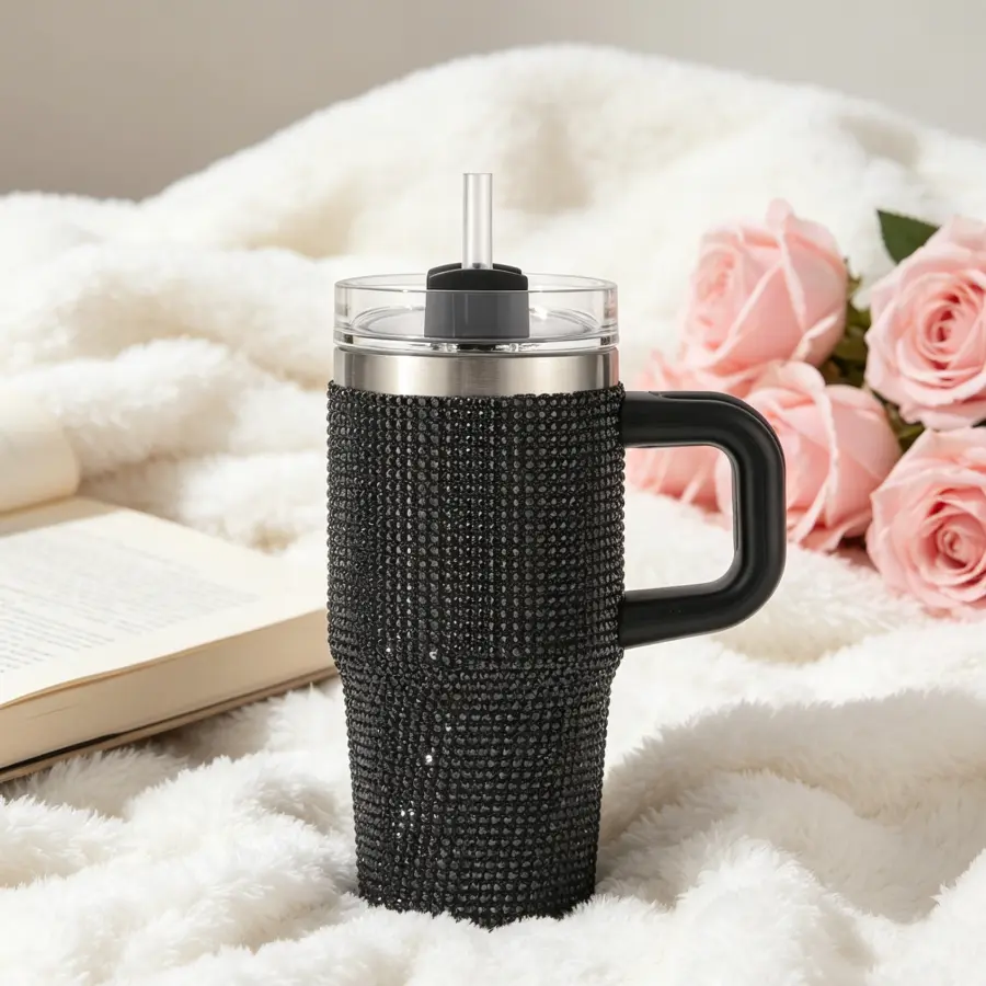 14 oz bling rhinestone tumbler, 304 stainless steel sparkling water bottle with handle and straw, aesthetic diamond travel mug for women, perfect for car and everyday use