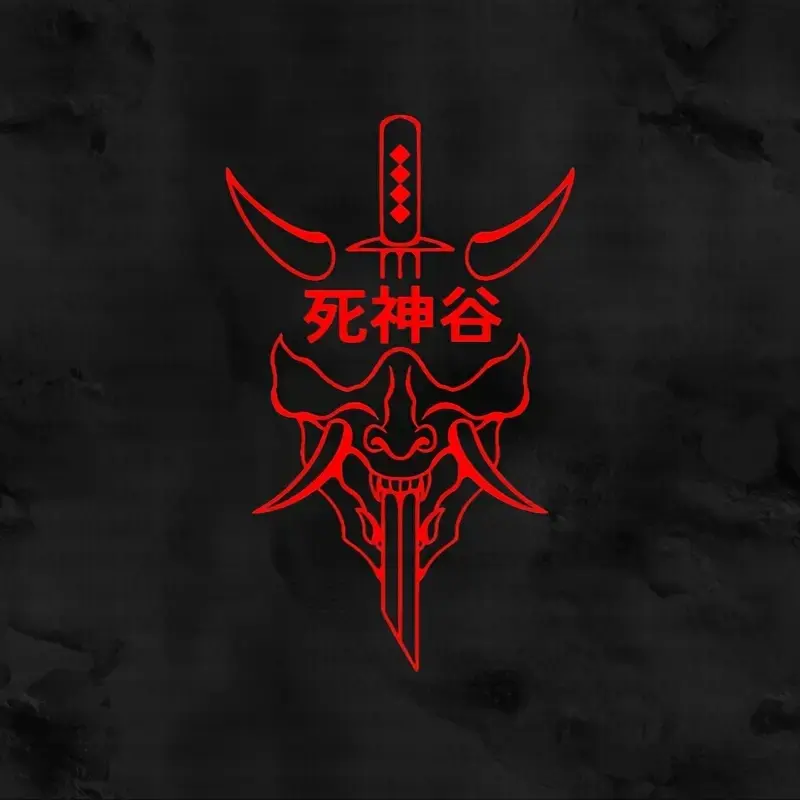1PC Dark Japanese Oni Sticker For Cars, Stationery, Bags, Vehicle Exterior Decoration, Red Line Oni Mask + Sword Decor With Bright Red Crisp Line Texture In Daily Use, Car Decorative Sticker, Car Decals