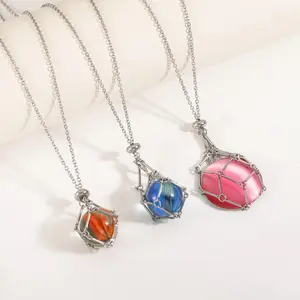 3PCS Cage Necklaces, Stainless Steel Ornament, Crystal Net Bag Necklace, Adjustable Chain Pendant Cage Necklace