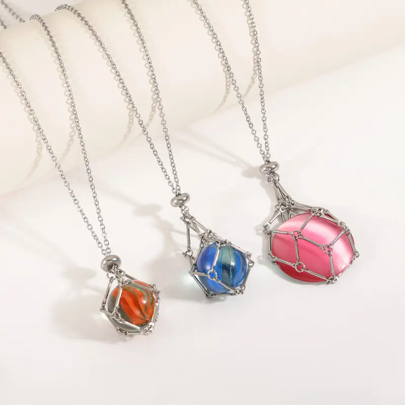 3PCS Cage Necklaces, Stainless Steel Ornament, Crystal Net Bag Necklace, Adjustable Chain Pendant Cage Necklace