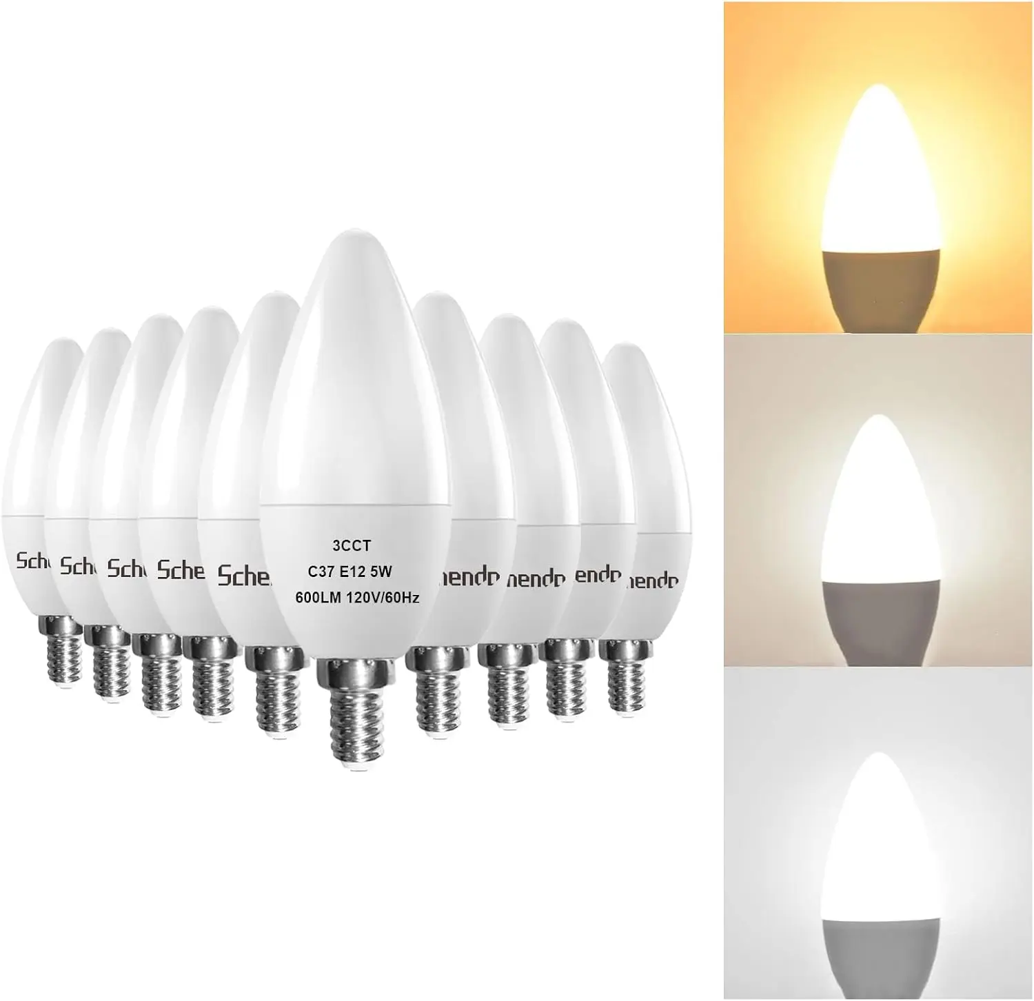 E12 LED 3-Color Candelabra Light Bulbs 60W Equivalent, with Warm White, Daylight, Natural White, Color Changing Light Bulb, 600 Lumen Chandelier Bulb, 5W B11 Candle Base, Non-Dimmable, 10 Pack