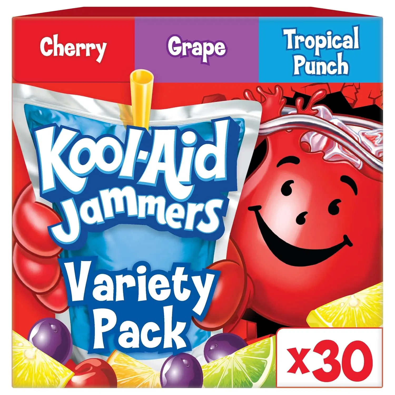 Kool-Aid Jammers Vitamin C Rich Fruity Sugar-Sweetened Vitamin Beverage, 30 x 6 fl oz Pouches, Artificially Flavored Tropical Punch, Grape & Cherry, for School Lunches & On-the-Go Hydration