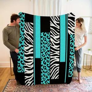 1pc Soft Flannel Throw Blanket - Zebra & Leopard Print with Black-Turquoise Stripes, All-Season Cozy Blanket for Bedroom, Camping - Machine Washable Gift for Friends, Throw Blankets, Blankets For Bedroom