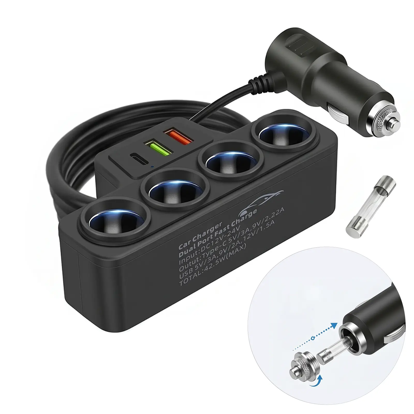 Multifunctional Car Charger 4 Way Cigarette Lighter Splitter USB PD Fast Charging Carbon Fiber Texture Car Van Universal 4 Cigarette Lighter Sockets 2 USB Ports Simultaneously Charge Multiple Devices Color Optional 1.4A Conversion Plug Car Charger Adapter