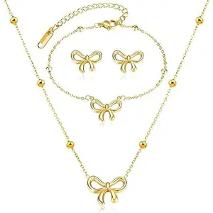 BloomWish S Bow Necklace Earrings Bracelet Gold Jewelry Set Trendy Bowknot Ribbon Choker Necklace for Women Bow Stuff for Birthday Gifts