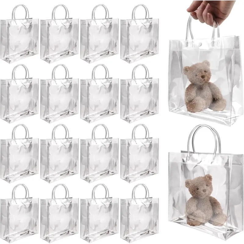 16PCS Transparent PVC Decor Gift Bags with Carry Handle, 7.87"x7.87"x3.15" Square Base Reusable Bags for Boutique Bridal Shower, Birthday - Home Improvement Building Supplies Wallpaper & Wall Trim (with Button)