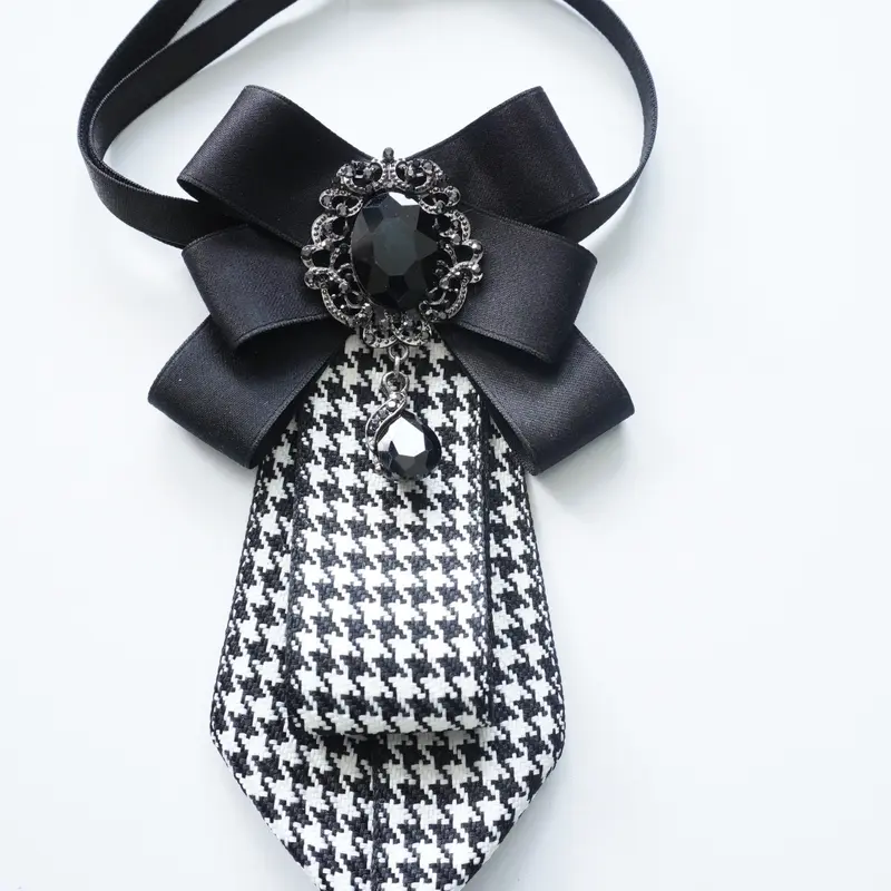 Vintage British Style Plaid Bow Tie Neck Accessory, Luxurious Gem Pendant, Elegant Decorative Bow Tie for Shirt Collar