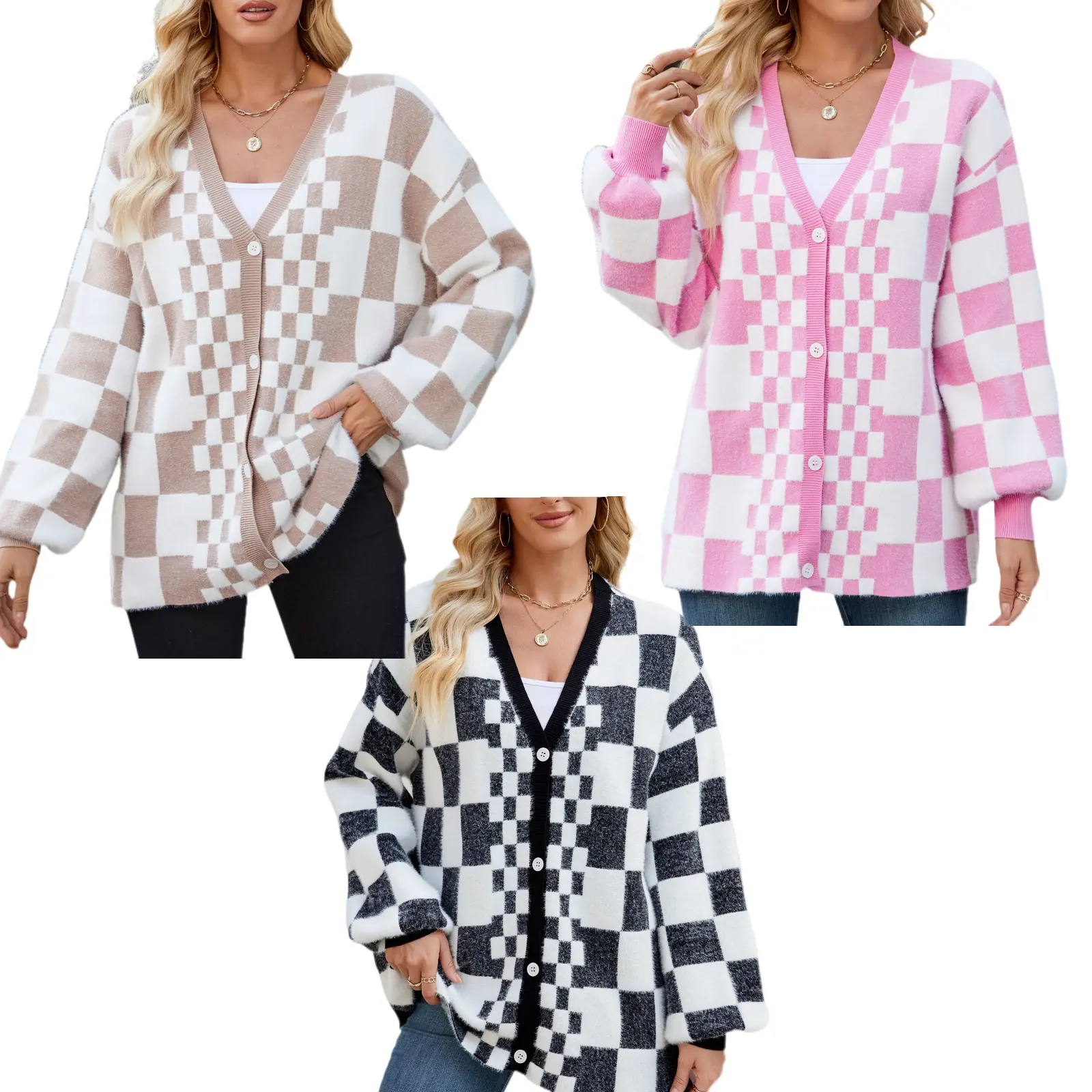JUNBAOSS Women's Pink Checkerboard Knitting Cardigan Sweater - Long Sleeve Oversized Open Front Cotton Pullover Tunic, Button-Down Ribbed Loose Fit Elegant Knit Outerwear for Daily Street Outfits