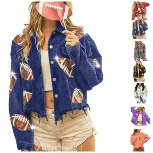 UANEO Women's Game Day Corduroy Sequin Football Cropped Jacket Rugby Oversized Lapel Button Down Shirt Shacket Coat