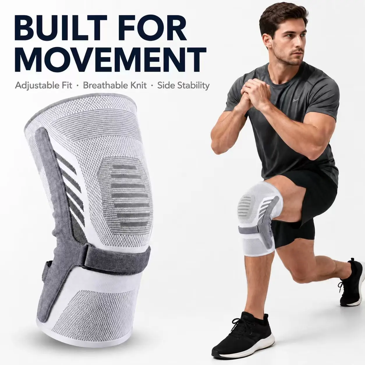 【Viral】Workout Essential Knee Brace with Side Stabilizers, Breathable Compression Knee Support Sleeve with Non-Slip Strap for Running, Gym, Basketball, Walking & Daily Use