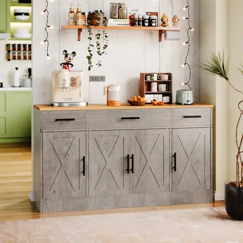 Walsunny Kitchen Buffet Sideboard Cabinet with 4 Doors and 3 Drawers, Entryway Adjustable Storage Pantry Shelf, Farmhouse Coffee Bar Cabinet for Kitchen, Grey