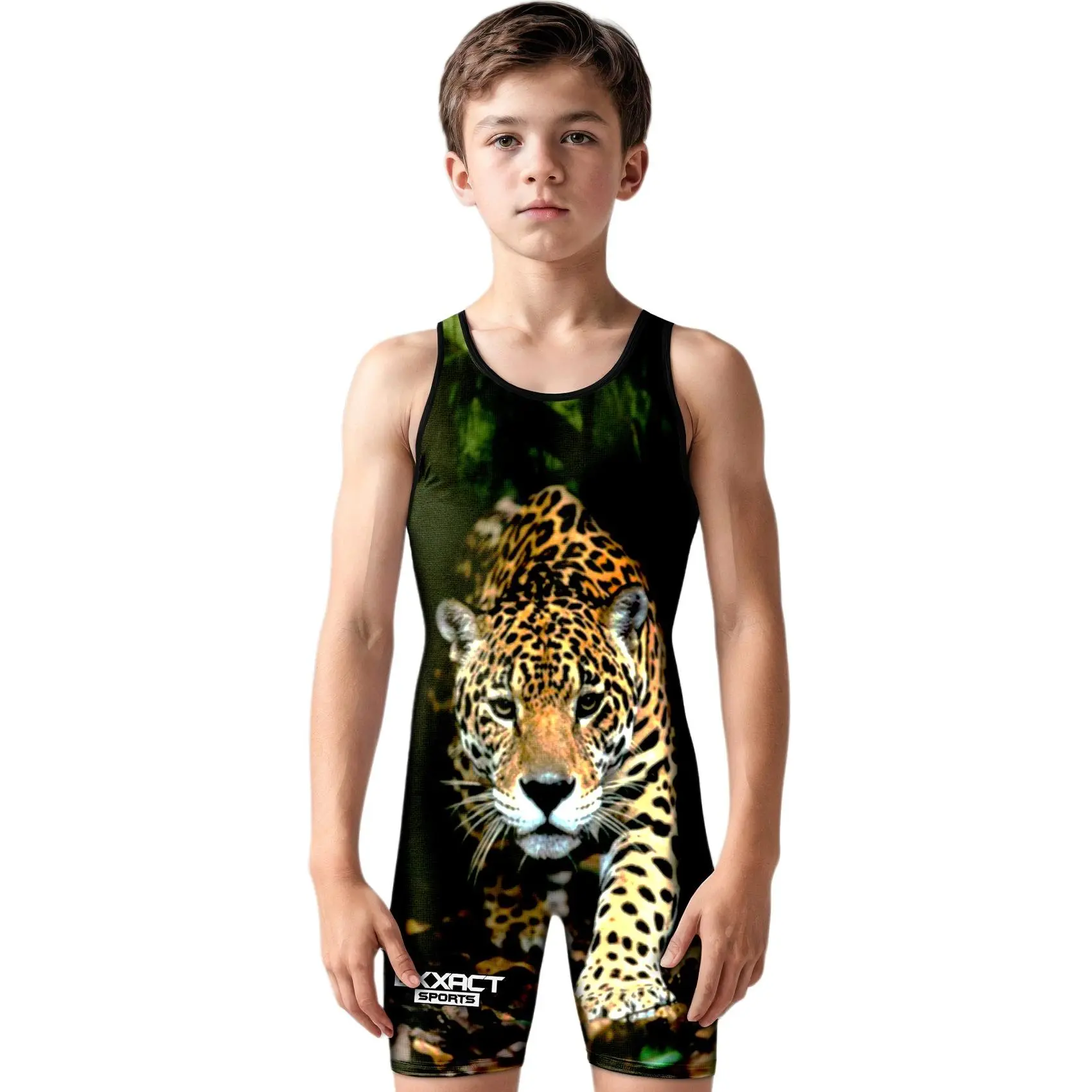 Exxact Sports Sublimated Wrestling Singlet for MMA, Powerlifting Singlet Youth Wrestling Singlet Men for Training (Leopard)
