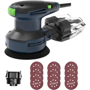 Random Orbital Sander Tool, Electric Palm Sander, 3.0 Amp  Sanding Machine, Variable Speed 5000-12000 OPM, Cyclonic Dust Box, Vacuum Adapter, 12 count 5" Sandpapers for Sanding and Polishing