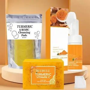 TURMERIC & KOJIC Turmeric Soap & Cleansing Pad & MousseCleanser Set, 3 Counts/set Deep Cleansing &Nourishing Skin Care Kit for Women & Men AI!Skin Types,Christmas,Christmas Gift