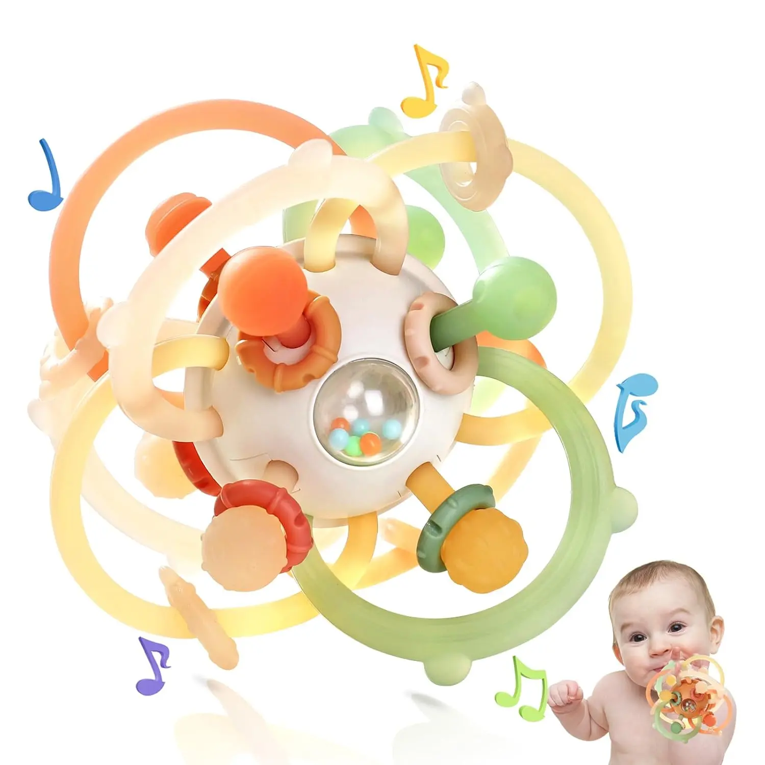 Baby Sensory Teething Toys, Baby Montessori Teether Toys  0 3 6 9 12 18 Months, Silicone Tummy Time Toy with Rattle Ball  Newborn Infant, Learning Delopmental Gift  Boys Girls, Brown
