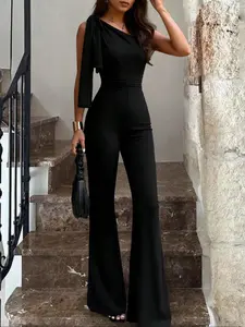 Asymmetrical One Shoulder Jumpsuit for Women Black Wide Leg Pants Romper with Bow Tie High Waist Formal Evening Party Outfit Elegant Slim Fit