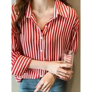 Women'S Red and White Striped Button-Up Shirt - Casual Long Sleeve Blouse for Spring and Fall, Casual Attire|Striped Pattern|Long Sleeve Shirt Fabric Polyester