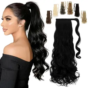 Ponytail Extension, 18" Wrap Around Long Ponytail Hair Extensions Wavy Curly Clip in Pony Tails Hairpieces For Women (Light Chestnut Brown) mini tape instant length