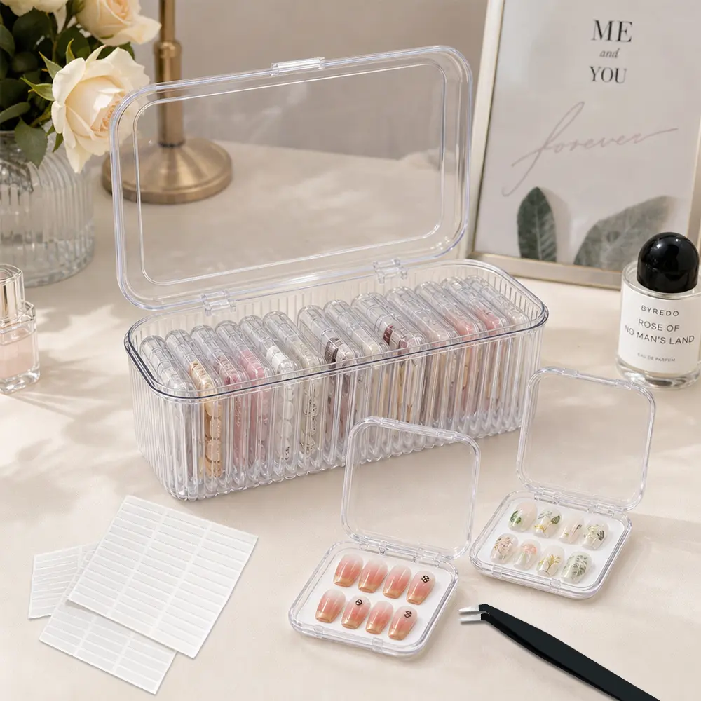 Press On Nail Organizer 14 Pcs Clear Press On Nail Storage Boxes and 1 Big Storage box with 60 Pcs Adhesive Double Sided Tape,Press On Nail Packaging for Fake Nail Storage Nail Display Nail Salon - Home Improvement.