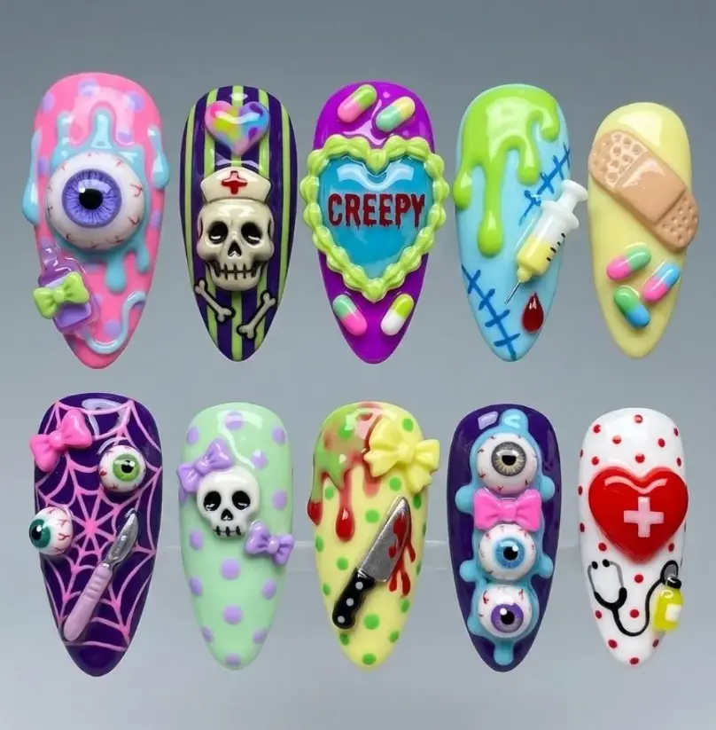 Handmade Creepy Medical Press On Nails, 3D Horror Kawaii Custom Fake Nails, Nurse & Eye Aesthetic Design, Edgy Hospital Art Nail Box