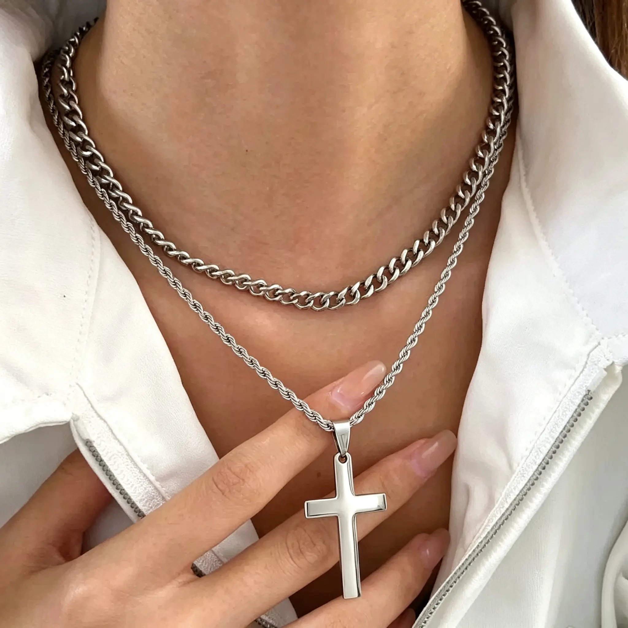 Layered Cross Necklace for Men Women, Stainless Steel Cross Pendant, Cuban Link & Rope Chain Silver Tone Plated Cross Necklaces, 17-19 Inch Fashion Hip Hop Jewelry