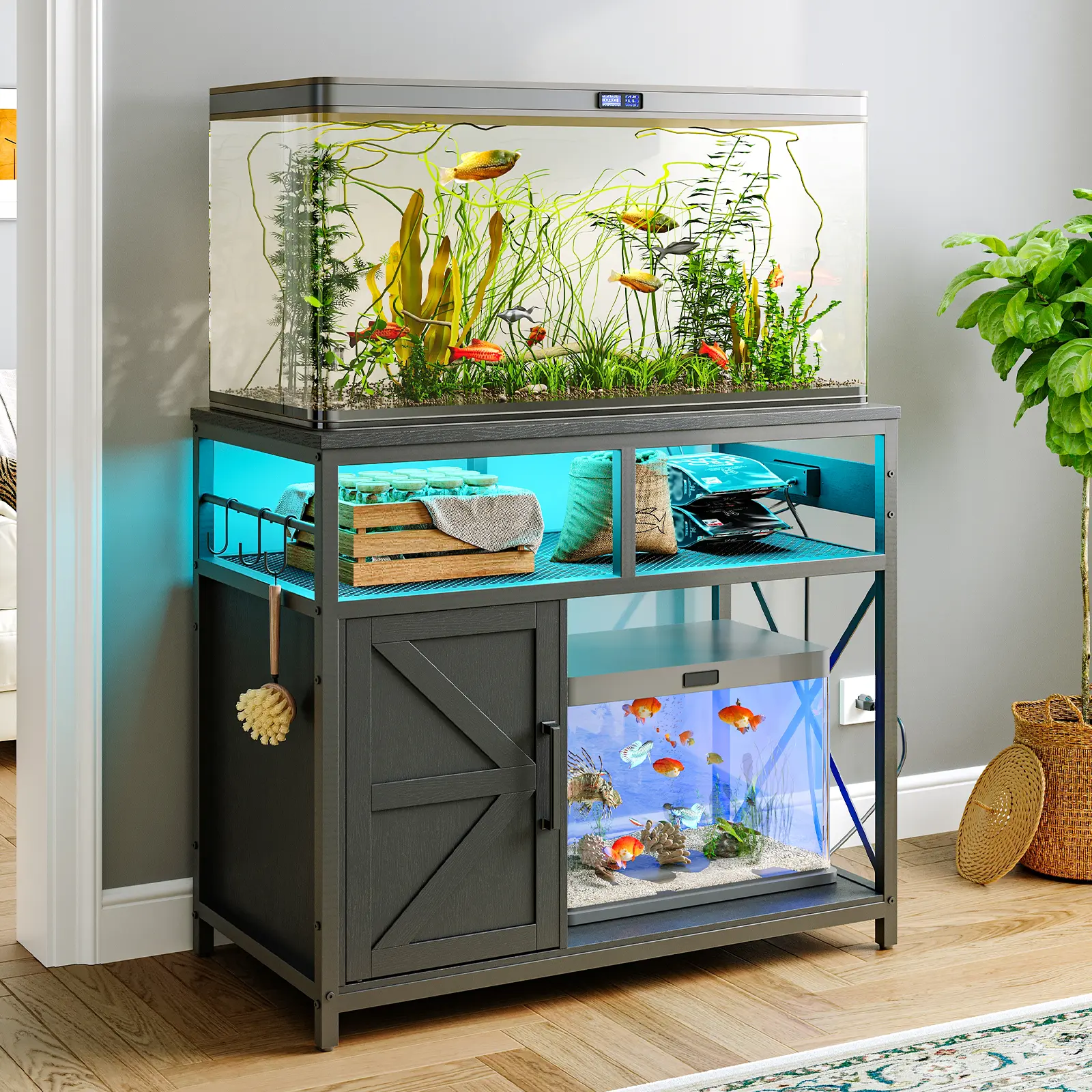 HOOBRO 50 Gallon LED Fish Tank Stand with Power Outlet, Metal Frame Aquarium Stand with Cabinet Storage and LED Light, for Reptile Turtle Tank, 440 LBS Capacity, 36.6'' L x 18.9'' W, Black #SummerVibes