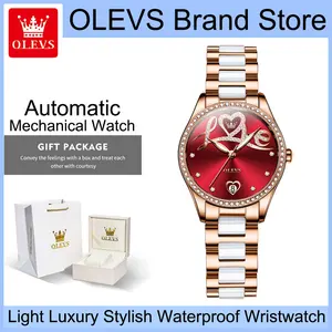OLEVS 6686 Elegant Ladies Automatic Mechanical Watch, Red Sun Dial with Embossed LOVE Heart & Rhinestone Bezel, Single Date Window, Luminous & 3ATM Water Resistant Luxury Dress Watch, Perfect Romantic Gift for Her on Festive Occasions