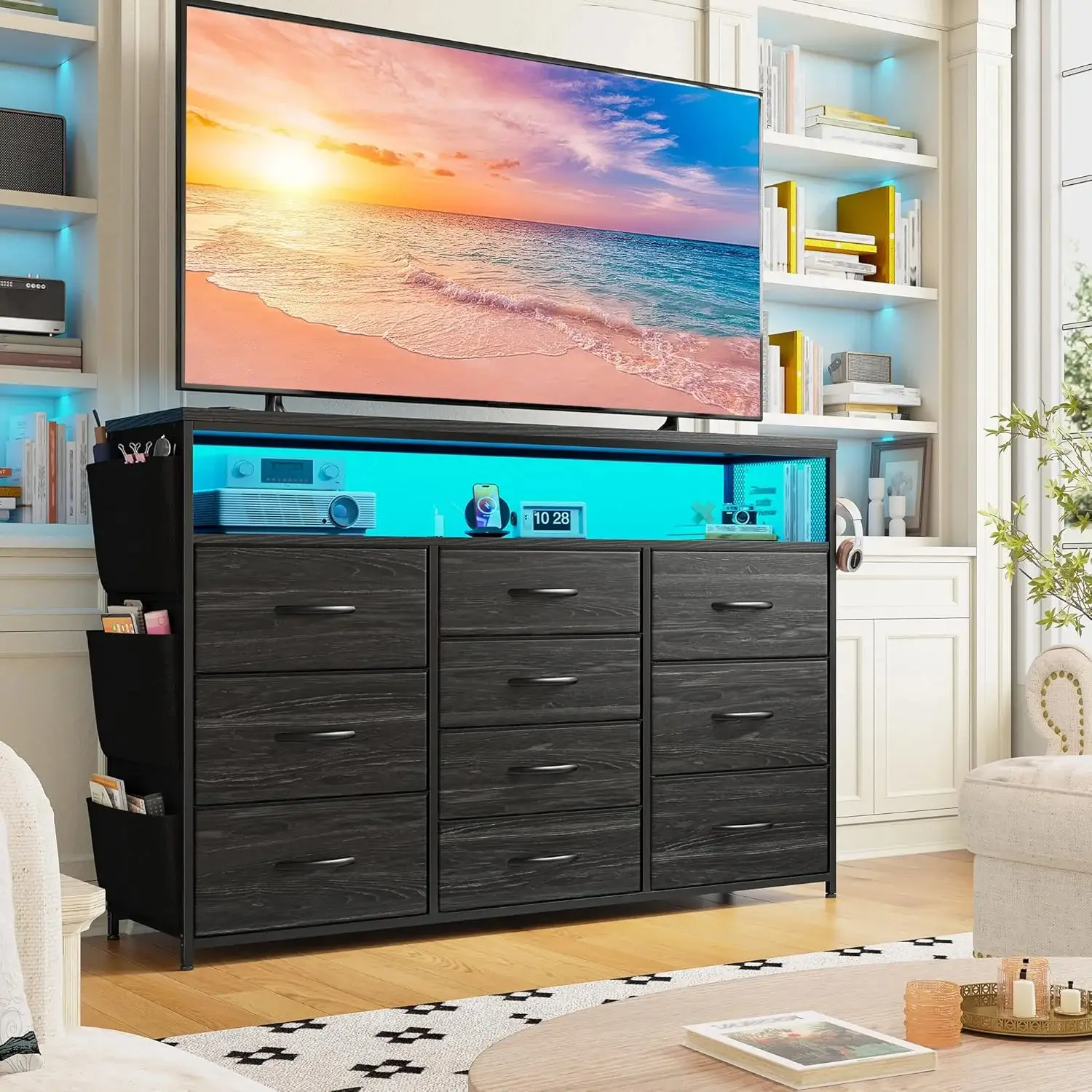 [Deal]RaybeeFurniture Dresser TV Stand with 10 Drawers,55" TV Stand for Bedroom with LED Lights & Power Outlets, Cute Vanity Dresser for Bedroom with