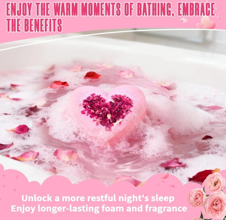 Valentines Bath Bombs for Women, XXL Valentines Day Gifts for Her & Him, Organic Heart Shaped Handmade Rose Essential Oil, Valentines Day Basket Birthday Gifts for Wife Daughter Girlfriend Coworkers