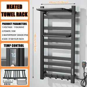 Towel Warmer Black Towel Heater Rack for Bathroom, 10-Bar Electric Towel Rack Wall-Mounted Heated Towel Rack Stainless Steel Hot Towel Rack with Timer and Smart Temperature Control