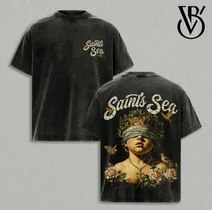 Saints Sea Acid Washed Graphic T-Shirt – 240GSM Heavyweight Cotton Oversized Boxy Fit Streetwear Tee, Vintage Angel Blindfold Religious Art Print, Gothic Y2K Grunge Faded Unisex Shirt