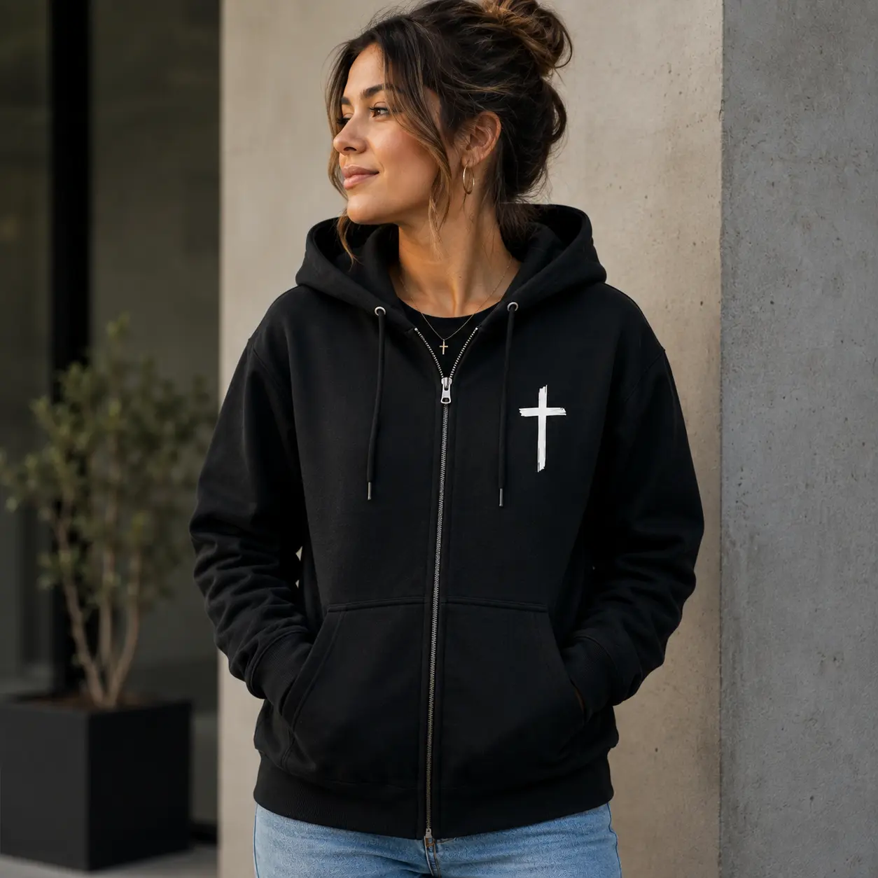 Jesus Cross Zip Hoodie | Christian Zip-Up Sweatshirt | Vertical JESUS Back Print | Faith Apparel