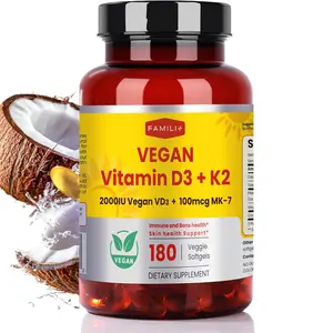 180 Days Vegan Vitamin D3+K2 Softgel with Coconut MCT Oil | 2000IU Plant Source Vitamin D3 + 100 mcg Vitamin K2 MK-7 | for Bone, Muscel, Immune, Teeth & Heart Health | 100% Vegan no-Gelatin