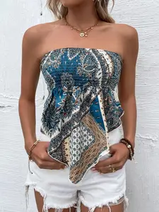 Breezaya Scarf Print Shirred Tie Backless Bandana Hem Tube Top