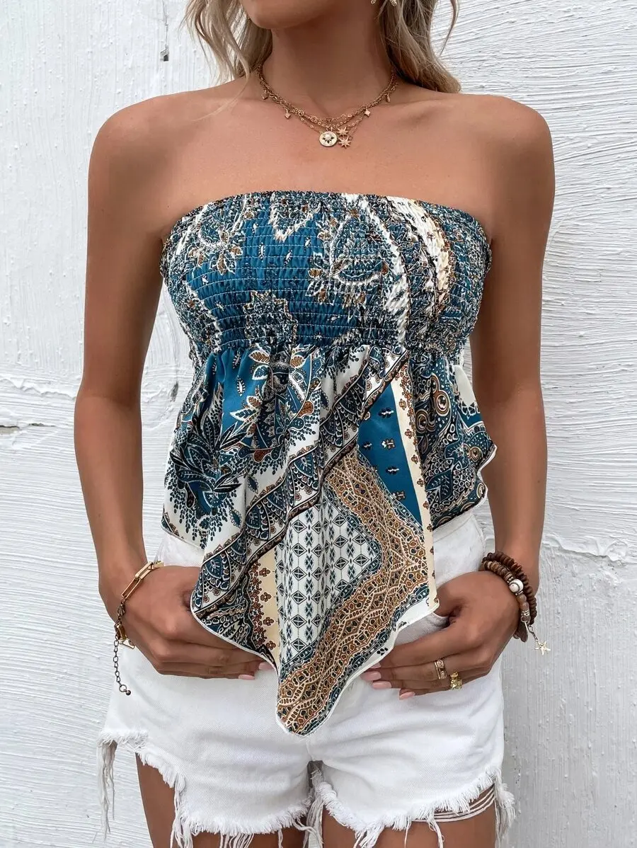 Breezaya Scarf Print Shirred Tie Backless Bandana Hem Tube Top