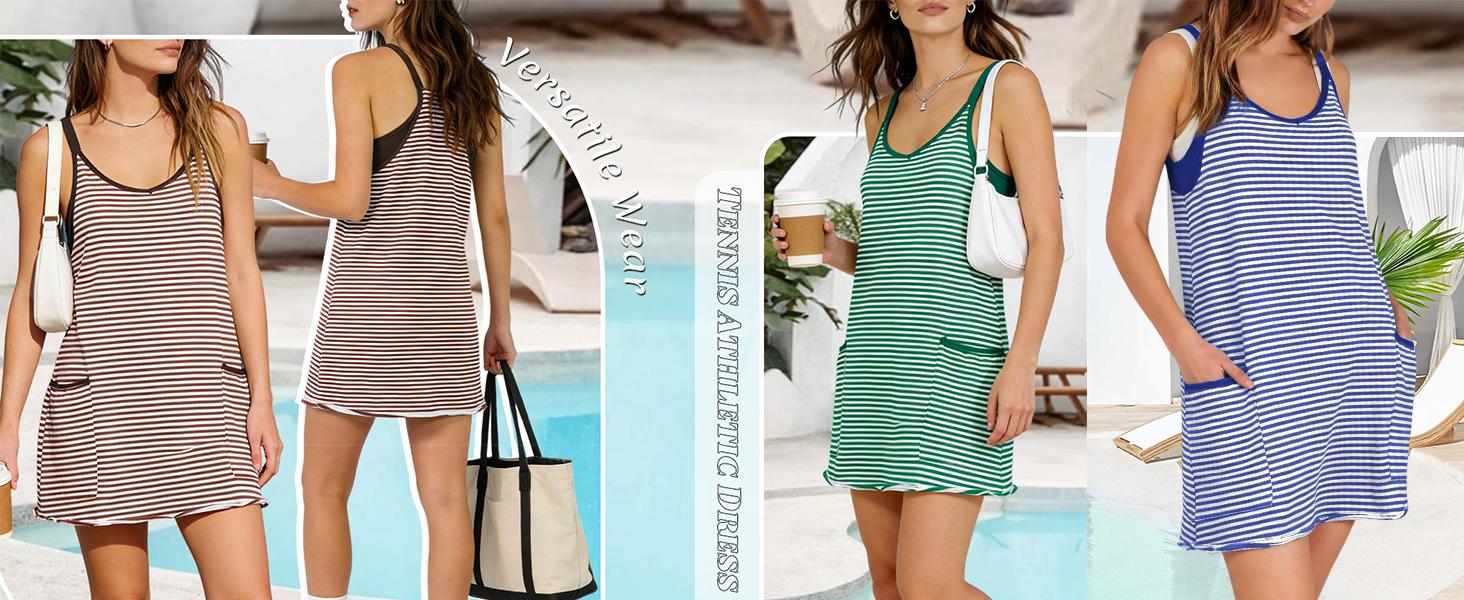 Tanming Women's Summer Athletic Mini Dress Sleeveless V Neck Built-in Shorts Striped Tennis Workout Vacation