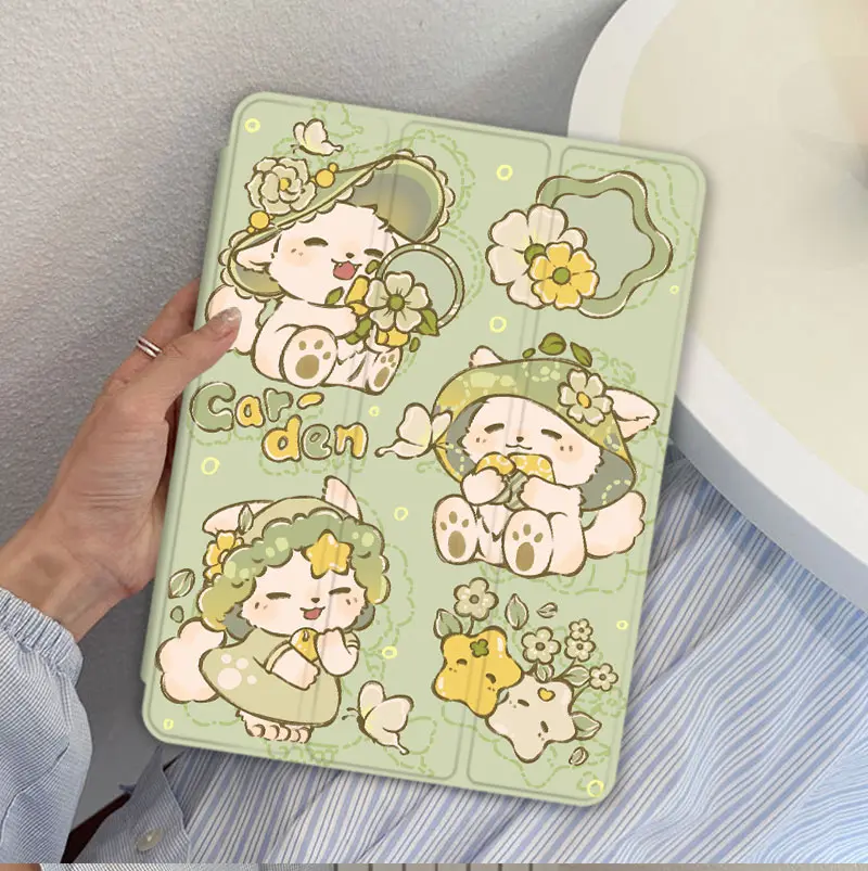 Sleek Smart Trifold Case (AR015): Garden Pet Print for iPad (Mini/Air/Gen/Pro) & Galaxy Tab – Auto Wake/Sleep, Durable Protection