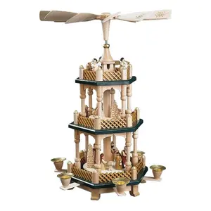 212 MAIN Christian 3-Tier Nativity Pyramid Ornament, German Handicraft Richard Glaesser Design, 17x12.5in Hexagonal Table Decoration with Wise Men, Shepherds, Angels and Heat-Candle Effect
