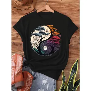 Women's Yin Yang Tree of Life T-shirt, Chinese style print, semi-sheer short sleeve, crew neck, machine washable, spring/summer wear