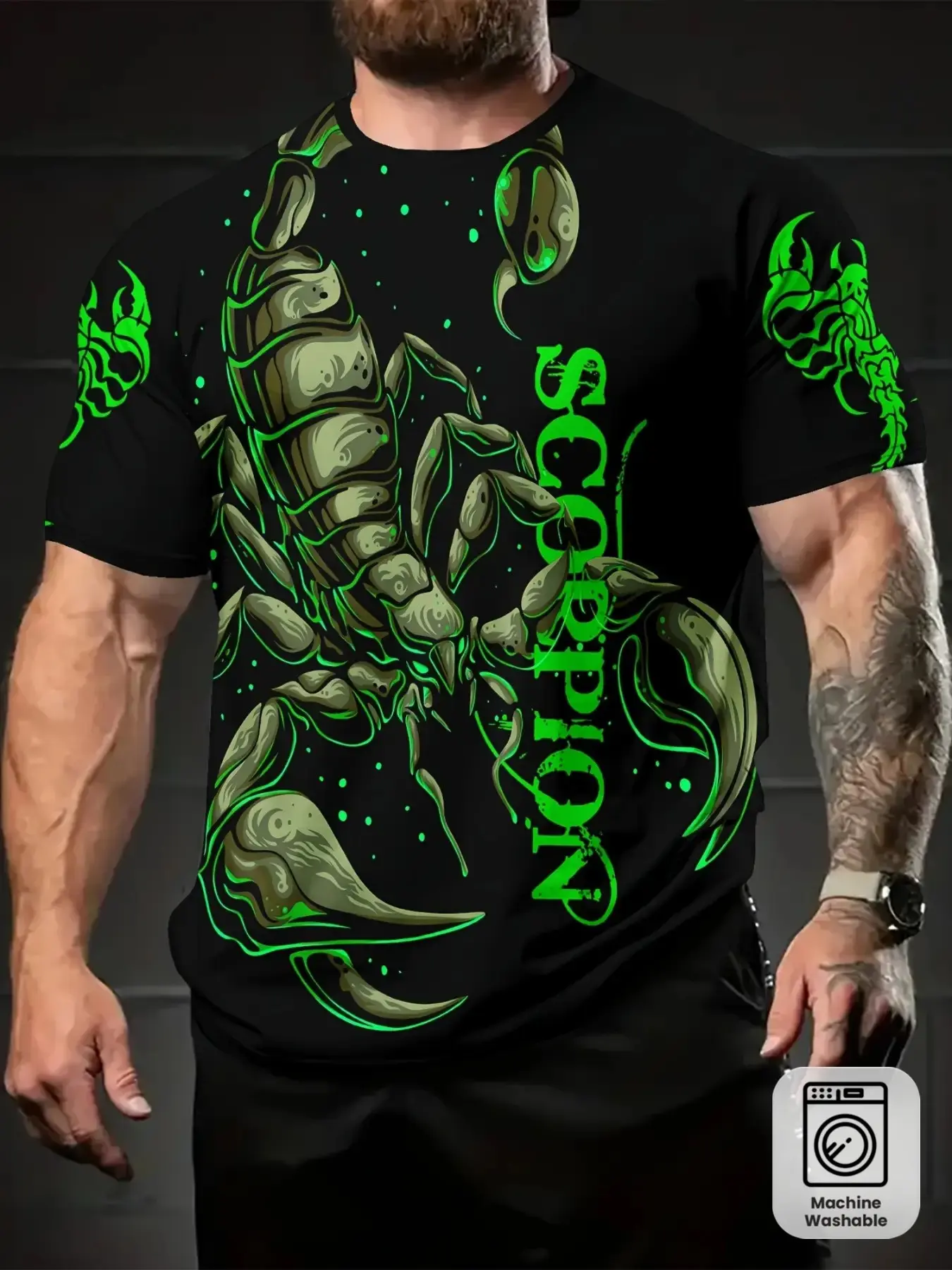 Scorpion Pattern Men's Short Sleeve T-Shirt, 3D Print Cool Design, Fluorescent Tattoo Style, Trendy Casual Streetwear Top, Fitted, Menswear