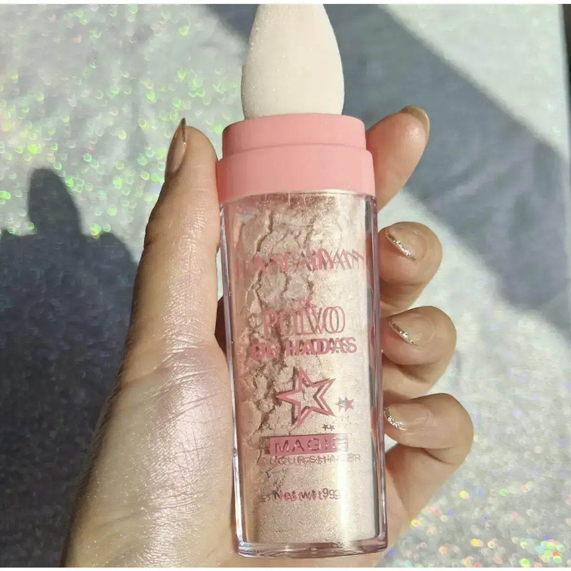 Polvo de Hadas Shimmer Highlighter Stick, Holographic Body Glow Powder with Sponge, Festival Party Makeup Highlighter