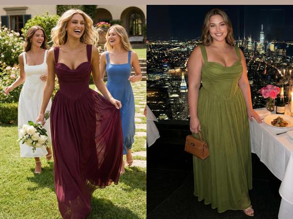 Curvysweet SDK0628A Elegant Avocado Green Draped Ruched Neck Corset Bodycon Maxi Dress with Built-In Molded Cups & Flowy A-Line Skirt  — Perfect for Valentine’s Day, Cocktail Parties, Wedding Guests, Formal Events & Vacations