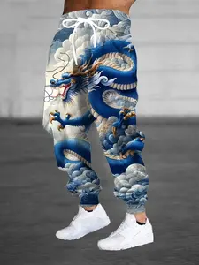 Men's 3D Blue Dragon Print Jogging Pants - Full Body Pattern Casual Pants with Drawstring Waist and Pockets, Regular Fit Machine Wash Sports Casual Pants, Detailed Images, Active Wear