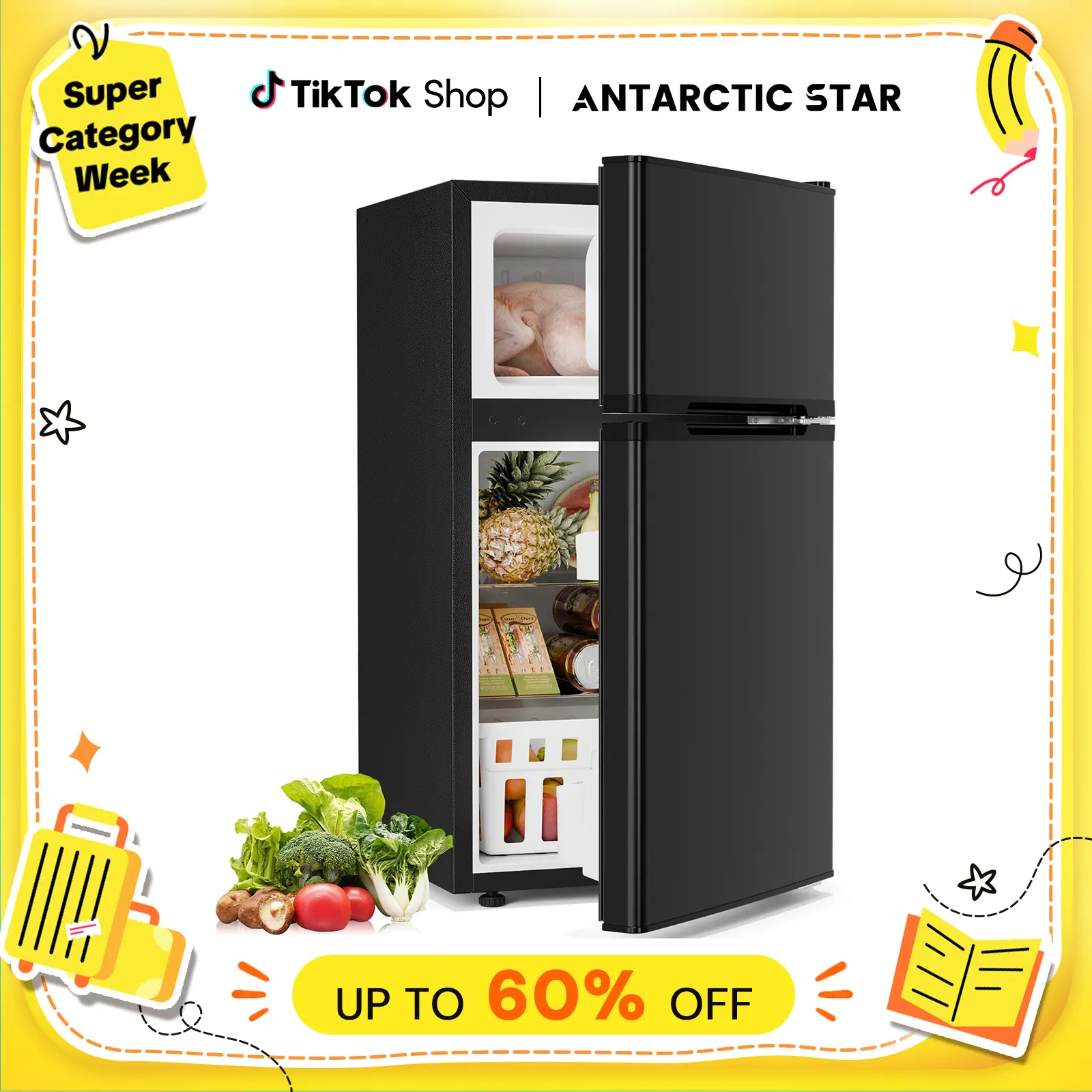 【BackToSchool】Antarctic Star 3.2 Cu.Ft. Mini Refrigerator with Freezer, Double Door Compact Fridge with Adjustable Removable Shelves, for Dorm/Apartment/Office/Basement tiktokshopbacktoschool