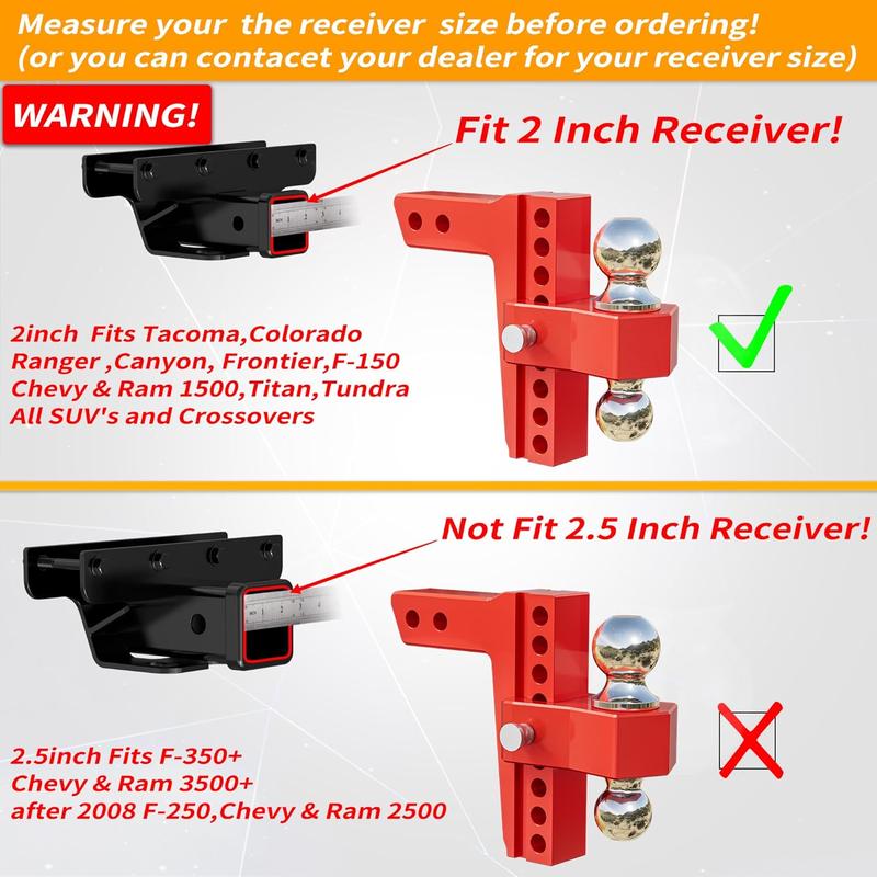 LOCAME Adjustable Trailer Hitch, Fits 2-Inch Receiver Only, 8-Inch Drop/Rise Aluminum Drop Hitch,12,500 LBS GTW-Tow Hitch for Heavy Duty Truck with Double Stainless Steel Locks, Red, LC0014