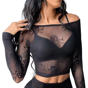 Women Sexy Crop Top Fishnet Lingerie Skull Cosplay Tee Shirt Blouse Exotic Beach Cover Up