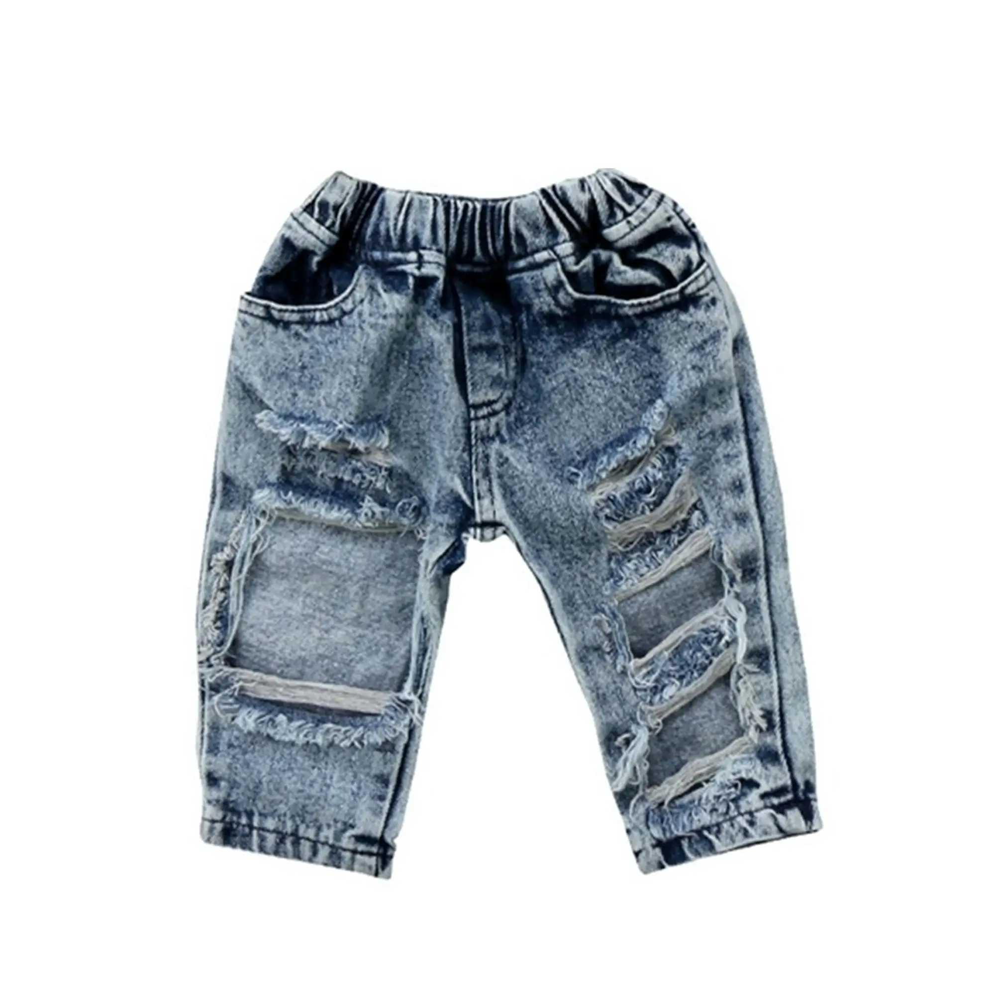 Baby Boy Girl Denim Pants Elastic High Waist Ripped Jeans Broken Hole Trousers Leggings Outfit