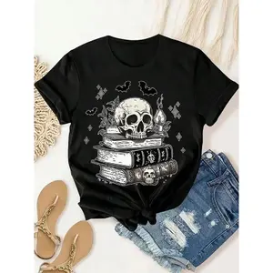 Women's Gothic Skull Book Graphic T-Shirt - Black Casual Crew Neck Short Sleeve Tee with Bat & Pentagram Design Soft Breathable Fabric for Summer Outdoor & Halloween Apparel Comfortable Fit Cotton Top